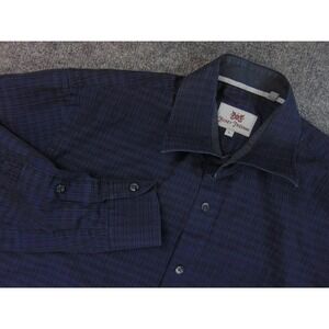 Hickey Freeman Shirt Mens Large Navy Blue Plaid Cotton Long Sleeve Button Up